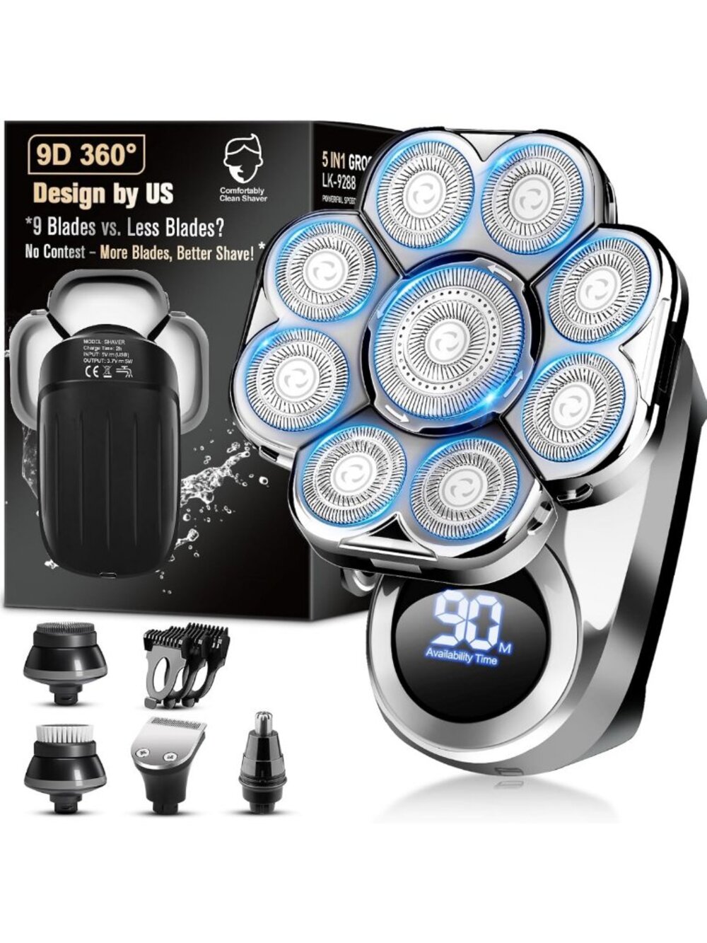 9D Floating Electric Head Shaver for Men - Waterproof Cordless Grooming Kit